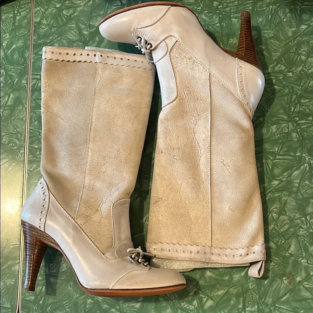 Designer Cream Leather Knee-High Boots